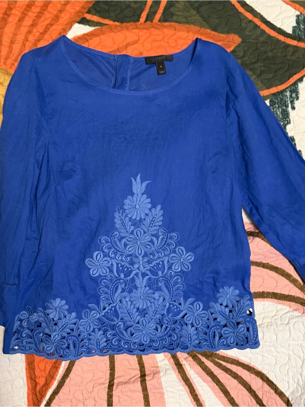 J. Crew Royal Blue Linen Embroidered Floral Blouse